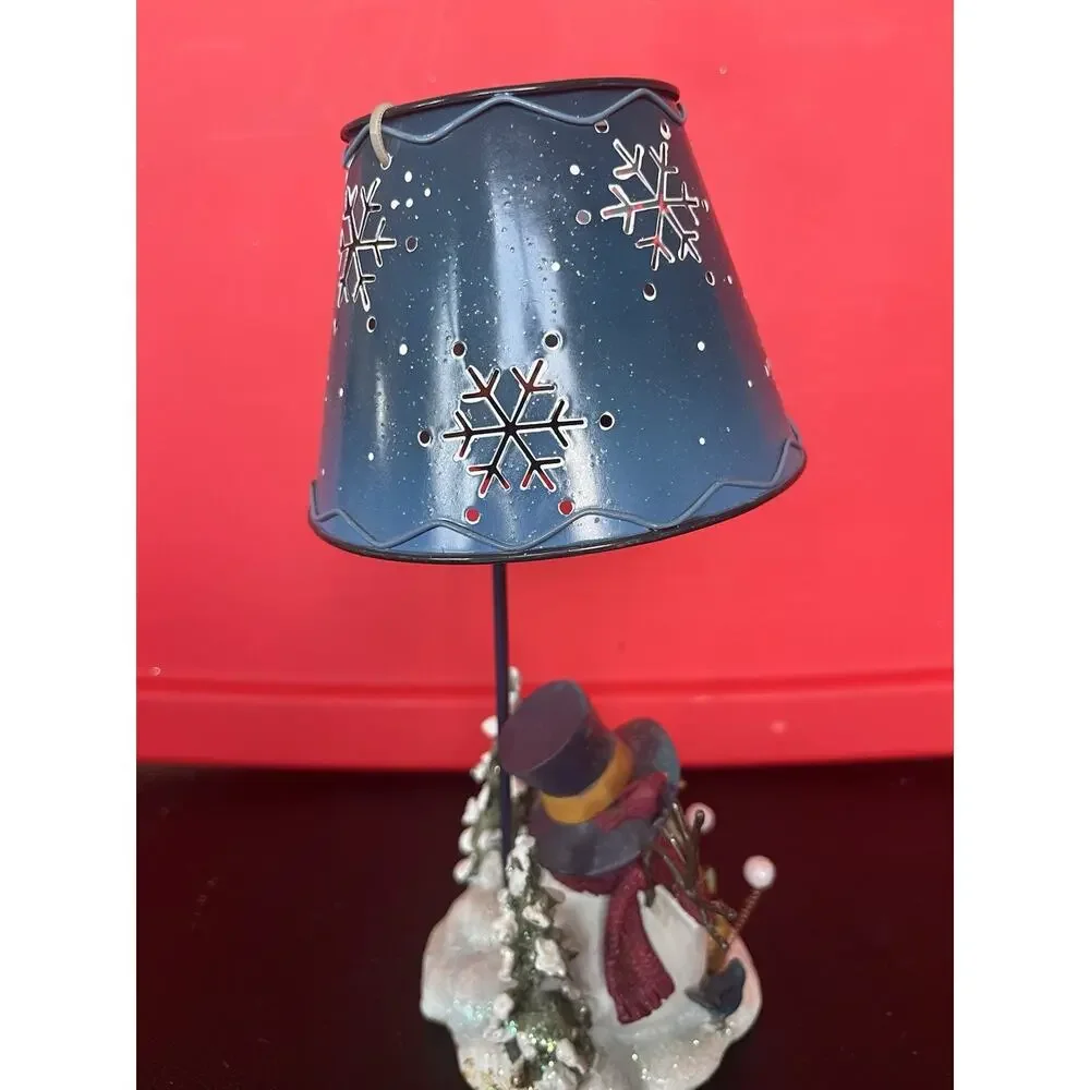 Vtg Christmas Metal Candle Snowman Table Lamp Tealight Holder w/ Lamp Shade Blue